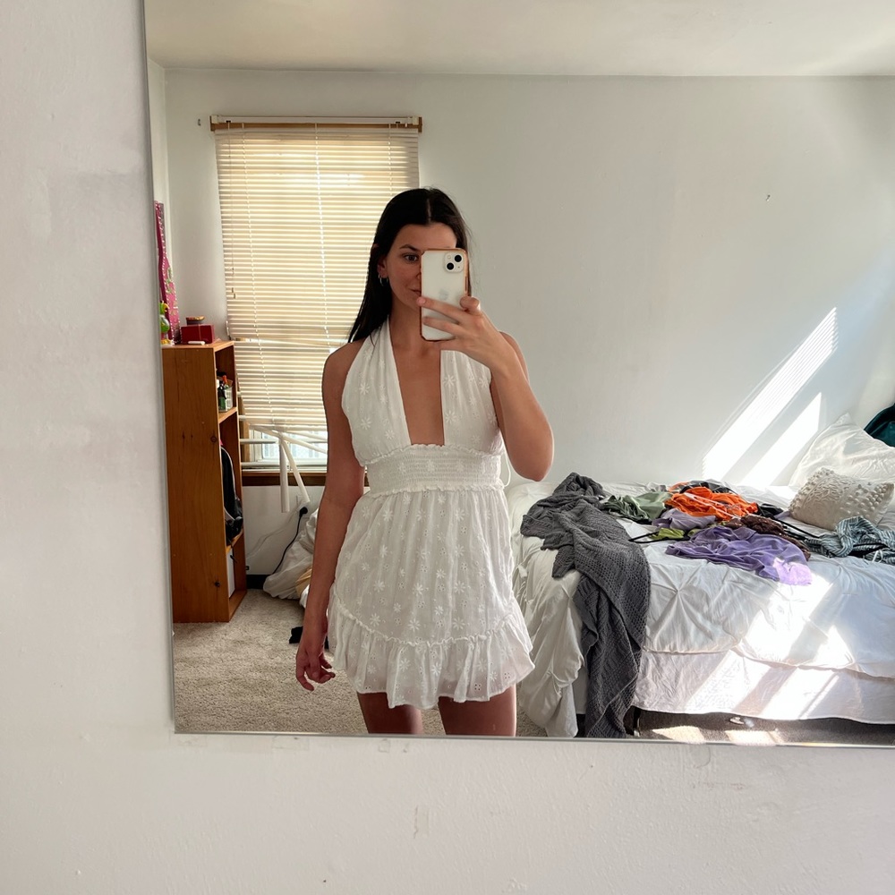 White Sundress Aerie Floral Pattern Halter Tie Lightweight Extra Small